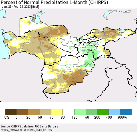 Central Asia Percent of Normal Precipitation 1-Month (CHIRPS) Thematic Map For 1/26/2023 - 2/25/2023