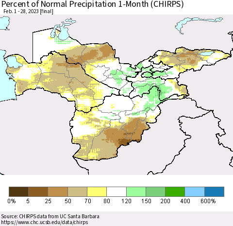 Central Asia Percent of Normal Precipitation 1-Month (CHIRPS) Thematic Map For 2/1/2023 - 2/28/2023