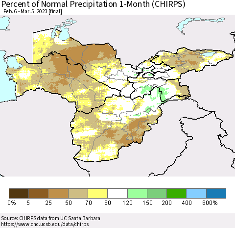Central Asia Percent of Normal Precipitation 1-Month (CHIRPS) Thematic Map For 2/6/2023 - 3/5/2023