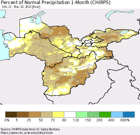 Central Asia Percent of Normal Precipitation 1-Month (CHIRPS) Thematic Map For 2/11/2023 - 3/10/2023