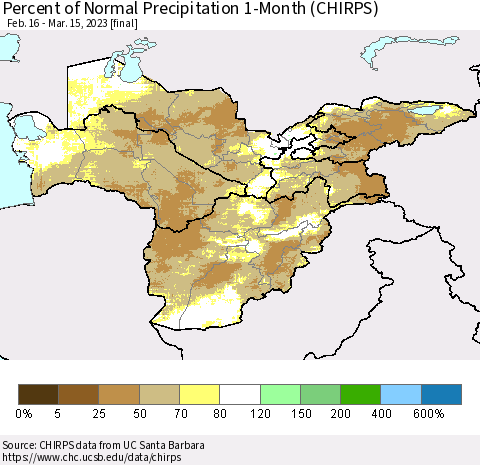 Central Asia Percent of Normal Precipitation 1-Month (CHIRPS) Thematic Map For 2/16/2023 - 3/15/2023