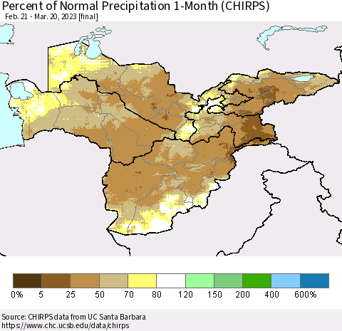 Central Asia Percent of Normal Precipitation 1-Month (CHIRPS) Thematic Map For 2/21/2023 - 3/20/2023