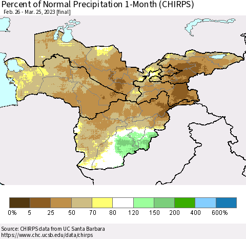 Central Asia Percent of Normal Precipitation 1-Month (CHIRPS) Thematic Map For 2/26/2023 - 3/25/2023