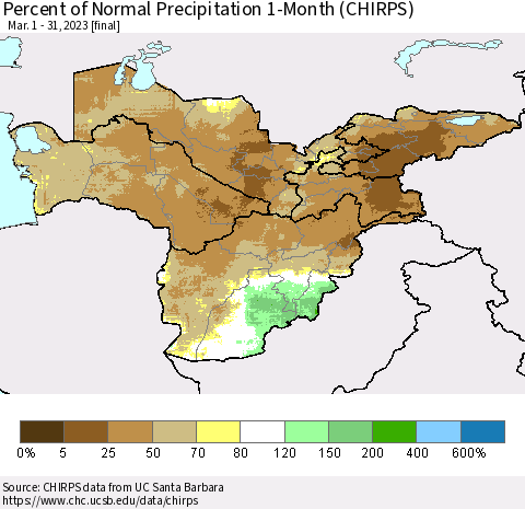 Central Asia Percent of Normal Precipitation 1-Month (CHIRPS) Thematic Map For 3/1/2023 - 3/31/2023