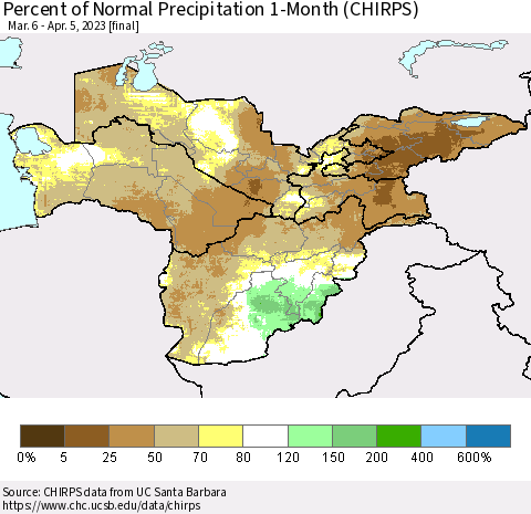 Central Asia Percent of Normal Precipitation 1-Month (CHIRPS) Thematic Map For 3/6/2023 - 4/5/2023