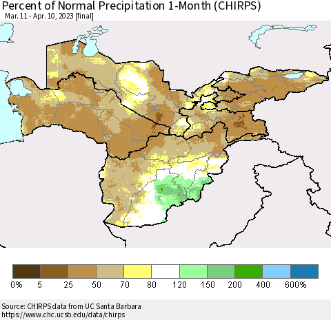 Central Asia Percent of Normal Precipitation 1-Month (CHIRPS) Thematic Map For 3/11/2023 - 4/10/2023