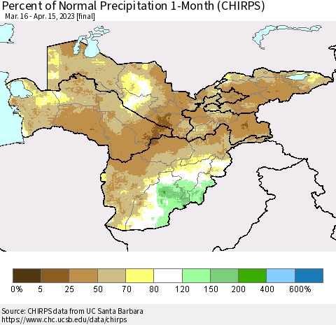 Central Asia Percent of Normal Precipitation 1-Month (CHIRPS) Thematic Map For 3/16/2023 - 4/15/2023