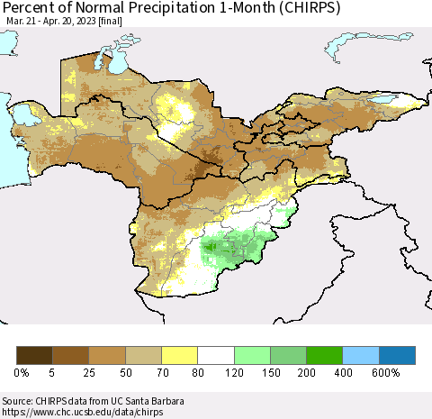 Central Asia Percent of Normal Precipitation 1-Month (CHIRPS) Thematic Map For 3/21/2023 - 4/20/2023