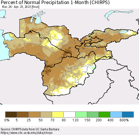 Central Asia Percent of Normal Precipitation 1-Month (CHIRPS) Thematic Map For 3/26/2023 - 4/25/2023