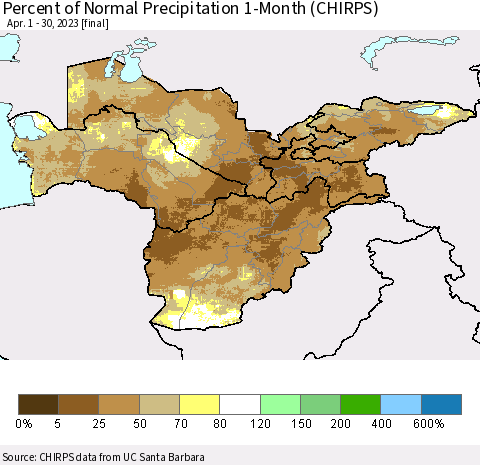 Central Asia Percent of Normal Precipitation 1-Month (CHIRPS) Thematic Map For 4/1/2023 - 4/30/2023