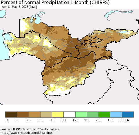 Central Asia Percent of Normal Precipitation 1-Month (CHIRPS) Thematic Map For 4/6/2023 - 5/5/2023