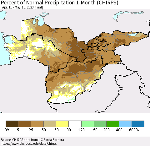 Central Asia Percent of Normal Precipitation 1-Month (CHIRPS) Thematic Map For 4/11/2023 - 5/10/2023