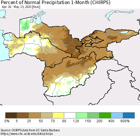 Central Asia Percent of Normal Precipitation 1-Month (CHIRPS) Thematic Map For 4/16/2023 - 5/15/2023