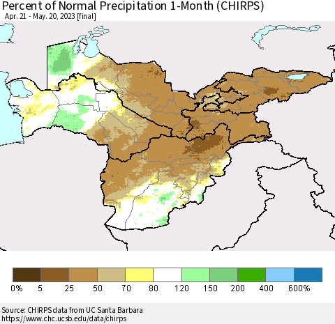 Central Asia Percent of Normal Precipitation 1-Month (CHIRPS) Thematic Map For 4/21/2023 - 5/20/2023
