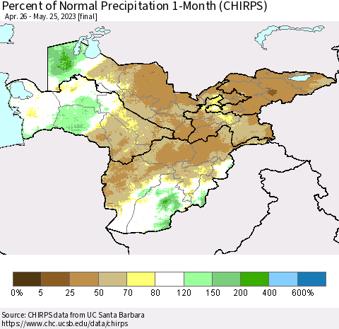 Central Asia Percent of Normal Precipitation 1-Month (CHIRPS) Thematic Map For 4/26/2023 - 5/25/2023