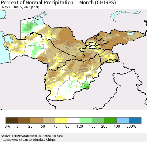 Central Asia Percent of Normal Precipitation 1-Month (CHIRPS) Thematic Map For 5/6/2023 - 6/5/2023