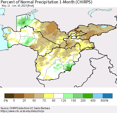 Central Asia Percent of Normal Precipitation 1-Month (CHIRPS) Thematic Map For 5/11/2023 - 6/10/2023
