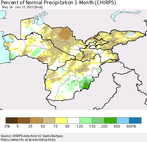 Central Asia Percent of Normal Precipitation 1-Month (CHIRPS) Thematic Map For 5/16/2023 - 6/15/2023