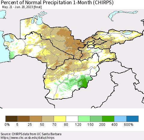 Central Asia Percent of Normal Precipitation 1-Month (CHIRPS) Thematic Map For 5/21/2023 - 6/20/2023