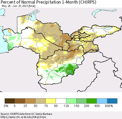 Central Asia Percent of Normal Precipitation 1-Month (CHIRPS) Thematic Map For 5/26/2023 - 6/25/2023