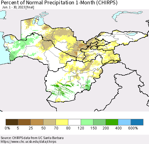 Central Asia Percent of Normal Precipitation 1-Month (CHIRPS) Thematic Map For 6/1/2023 - 6/30/2023