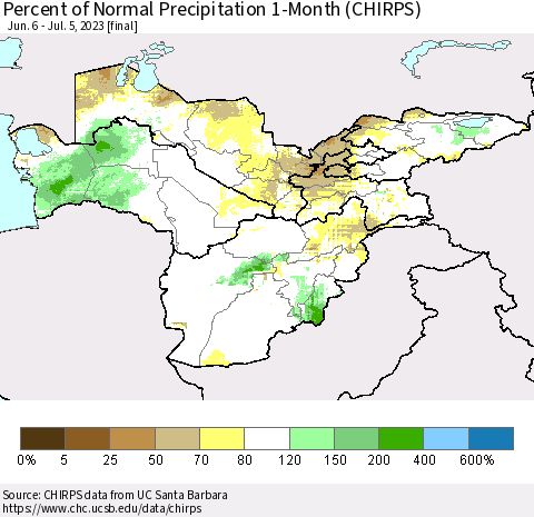 Central Asia Percent of Normal Precipitation 1-Month (CHIRPS) Thematic Map For 6/6/2023 - 7/5/2023