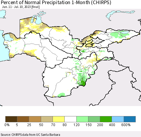 Central Asia Percent of Normal Precipitation 1-Month (CHIRPS) Thematic Map For 6/11/2023 - 7/10/2023