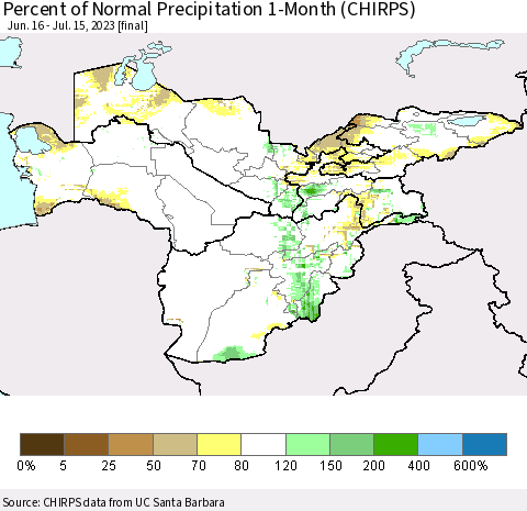 Central Asia Percent of Normal Precipitation 1-Month (CHIRPS) Thematic Map For 6/16/2023 - 7/15/2023