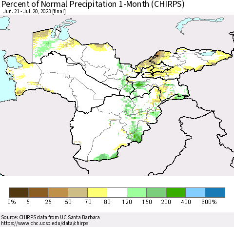 Central Asia Percent of Normal Precipitation 1-Month (CHIRPS) Thematic Map For 6/21/2023 - 7/20/2023