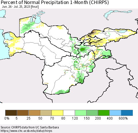 Central Asia Percent of Normal Precipitation 1-Month (CHIRPS) Thematic Map For 6/26/2023 - 7/25/2023