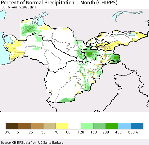 Central Asia Percent of Normal Precipitation 1-Month (CHIRPS) Thematic Map For 7/6/2023 - 8/5/2023