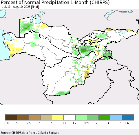 Central Asia Percent of Normal Precipitation 1-Month (CHIRPS) Thematic Map For 7/11/2023 - 8/10/2023