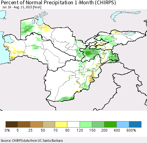 Central Asia Percent of Normal Precipitation 1-Month (CHIRPS) Thematic Map For 7/16/2023 - 8/15/2023