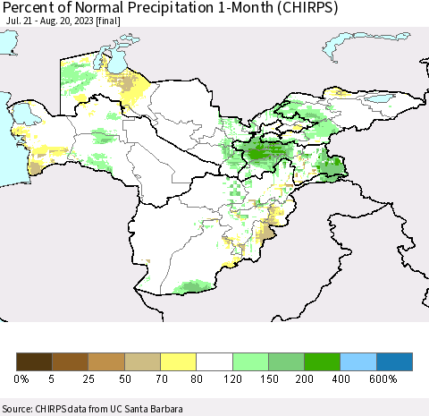 Central Asia Percent of Normal Precipitation 1-Month (CHIRPS) Thematic Map For 7/21/2023 - 8/20/2023