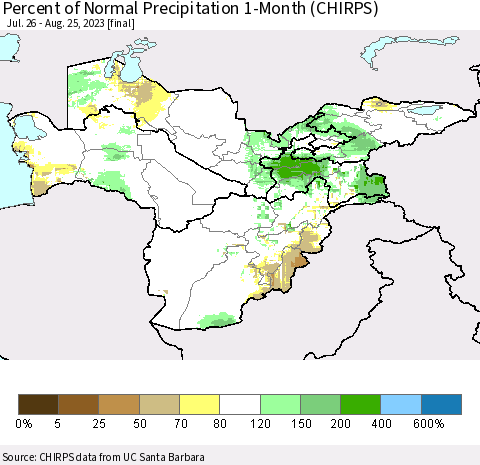 Central Asia Percent of Normal Precipitation 1-Month (CHIRPS) Thematic Map For 7/26/2023 - 8/25/2023