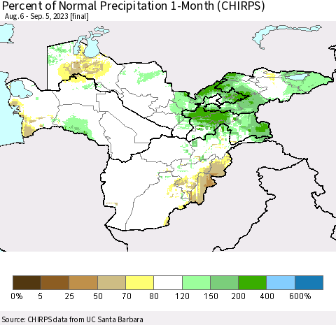 Central Asia Percent of Normal Precipitation 1-Month (CHIRPS) Thematic Map For 8/6/2023 - 9/5/2023
