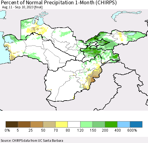 Central Asia Percent of Normal Precipitation 1-Month (CHIRPS) Thematic Map For 8/11/2023 - 9/10/2023