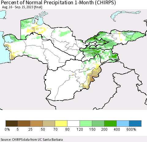 Central Asia Percent of Normal Precipitation 1-Month (CHIRPS) Thematic Map For 8/16/2023 - 9/15/2023
