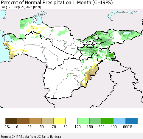 Central Asia Percent of Normal Precipitation 1-Month (CHIRPS) Thematic Map For 8/21/2023 - 9/20/2023
