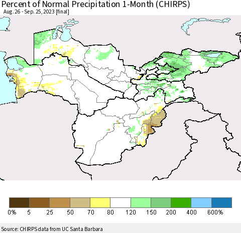 Central Asia Percent of Normal Precipitation 1-Month (CHIRPS) Thematic Map For 8/26/2023 - 9/25/2023