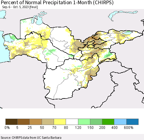 Central Asia Percent of Normal Precipitation 1-Month (CHIRPS) Thematic Map For 9/6/2023 - 10/5/2023