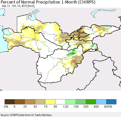 Central Asia Percent of Normal Precipitation 1-Month (CHIRPS) Thematic Map For 9/11/2023 - 10/10/2023