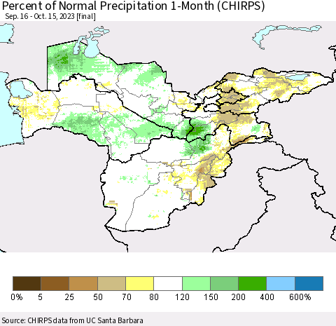 Central Asia Percent of Normal Precipitation 1-Month (CHIRPS) Thematic Map For 9/16/2023 - 10/15/2023