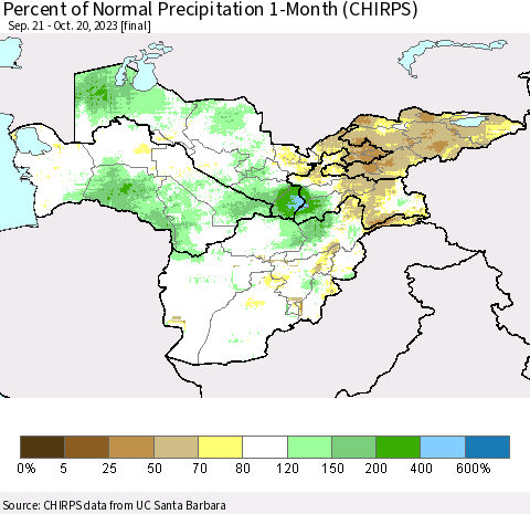 Central Asia Percent of Normal Precipitation 1-Month (CHIRPS) Thematic Map For 9/21/2023 - 10/20/2023