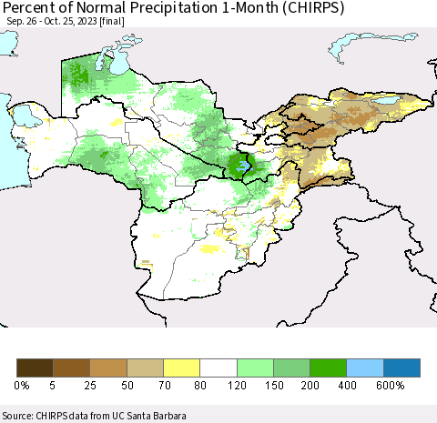 Central Asia Percent of Normal Precipitation 1-Month (CHIRPS) Thematic Map For 9/26/2023 - 10/25/2023