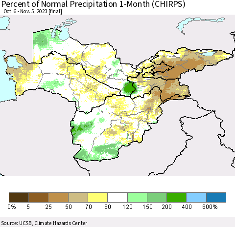 Central Asia Percent of Normal Precipitation 1-Month (CHIRPS) Thematic Map For 10/6/2023 - 11/5/2023