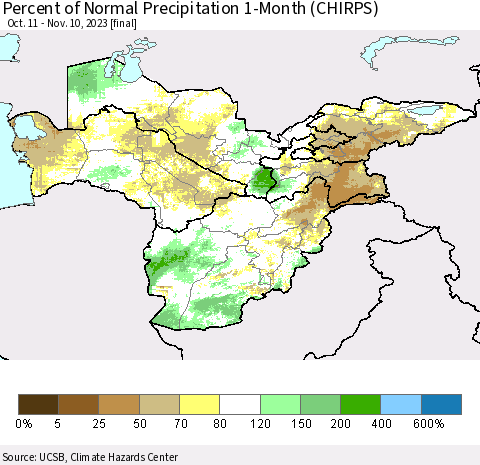 Central Asia Percent of Normal Precipitation 1-Month (CHIRPS) Thematic Map For 10/11/2023 - 11/10/2023