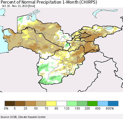 Central Asia Percent of Normal Precipitation 1-Month (CHIRPS) Thematic Map For 10/16/2023 - 11/15/2023