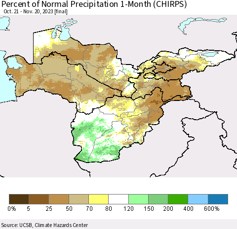 Central Asia Percent of Normal Precipitation 1-Month (CHIRPS) Thematic Map For 10/21/2023 - 11/20/2023