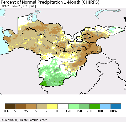 Central Asia Percent of Normal Precipitation 1-Month (CHIRPS) Thematic Map For 10/26/2023 - 11/25/2023